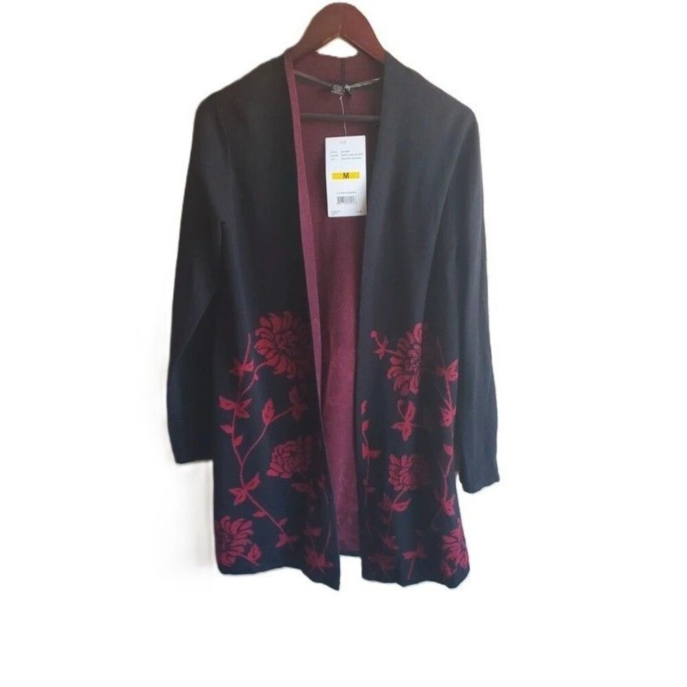 By Design Open Front Cardigan Long Sleeve Floral Office Career Black Red M